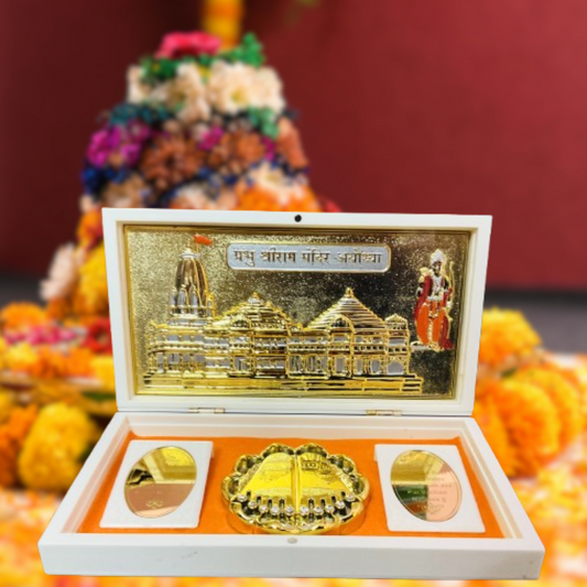 Ram Mandir Ayodhya Premium Devotional Set | Gold-Plated on Silver Base with Sacred Charan Paduka in Ivory Case