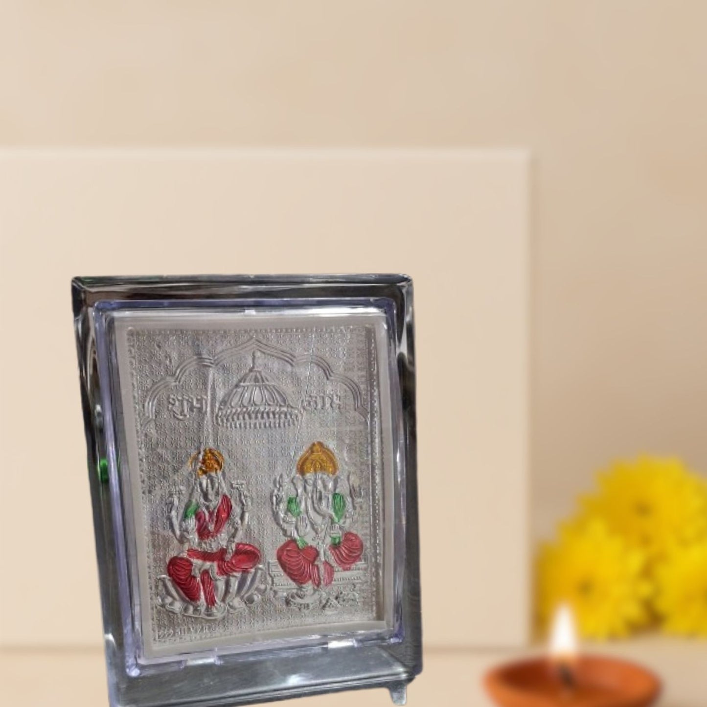 Silver Plated Lakshmi Ganesh Ji Photo Frame with Colors – Pure Silver Religious Gift for Puja Room, Home Temple & Office