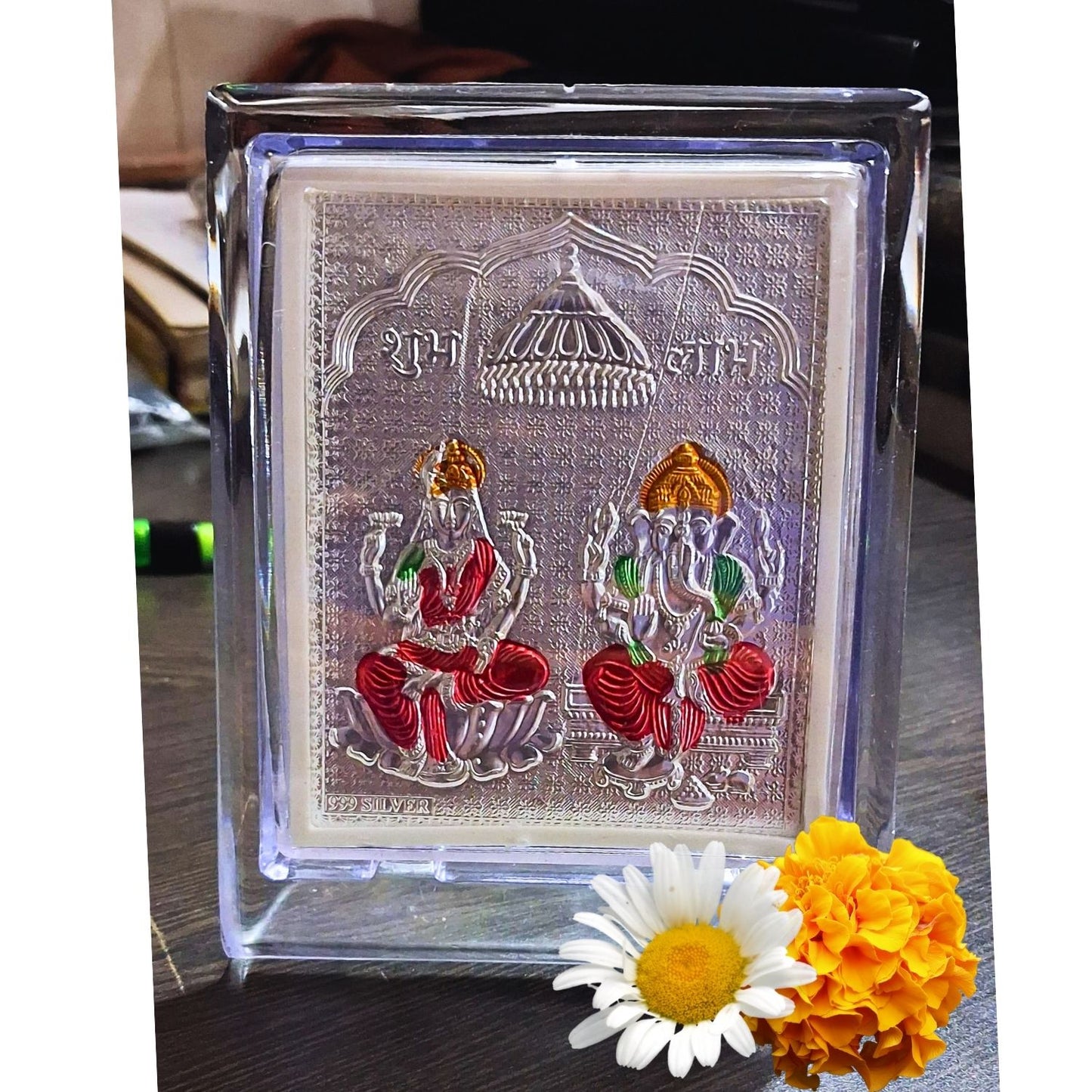 Silver Plated Lakshmi Ganesh Ji Photo Frame with Colors – Pure Silver Religious Gift for Puja Room, Home Temple & Office