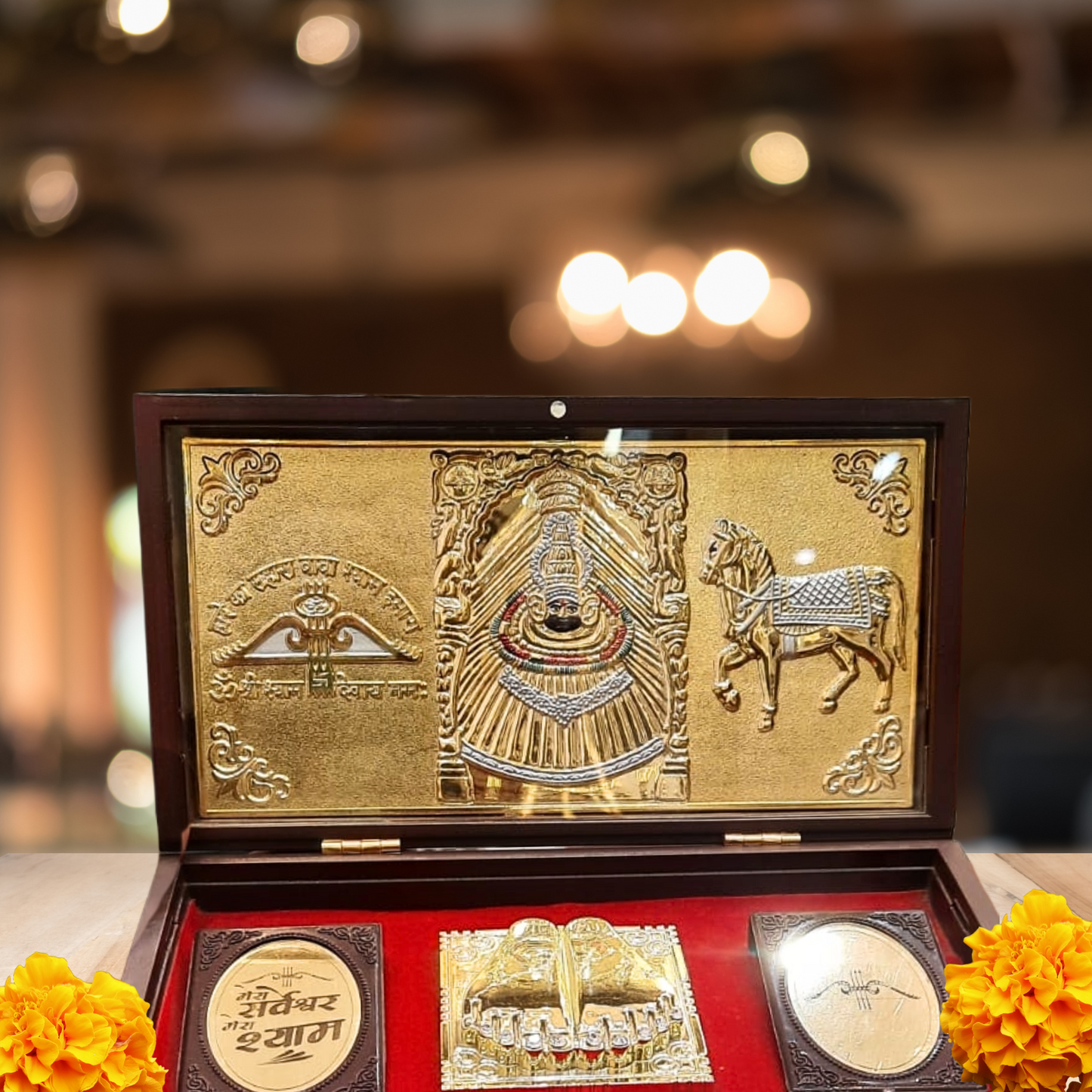 Shree Shyam Baba Gold-Plated Idol with Horse, Charan Paduka & Divine Symbols in Brown Case – Premium Pooja & Gift set