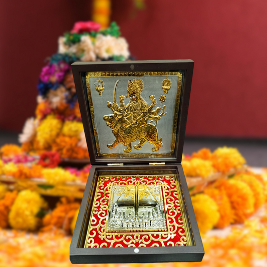 Maa Durga Gold-Plated Idol Frame on Silver Base with Charan Paduka – Premium Divine Brown Case