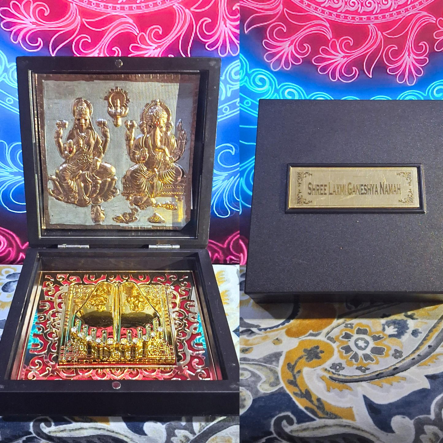 Lakshmi Ganesh Ji Gold-Plated Idol Frame on Silver Base with Charan Paduka – Premium Divine Brown Case