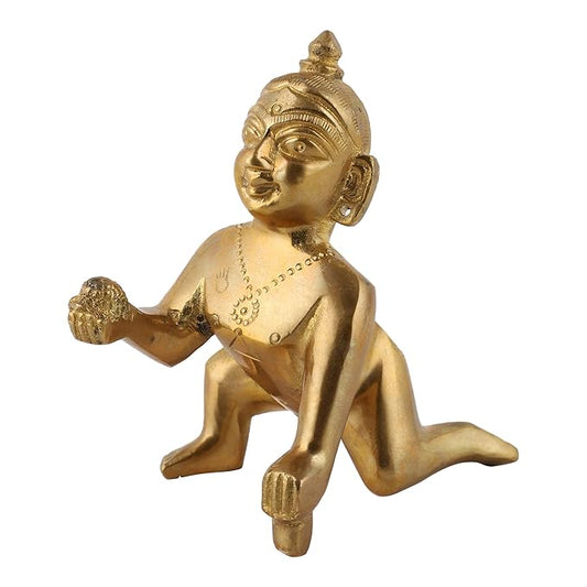 Brass Bal Gopal Idol with Poshak Set – Golden Laddu Gopal Ji Statue for Pooja & Janmashtami