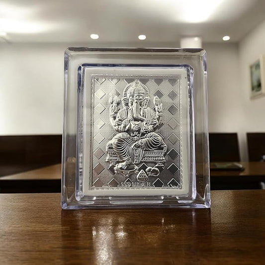 Silver Plated Lord Ganesha Frame with Acrylic Case | Divine Embossed Artwork for Home Temple & Gifting