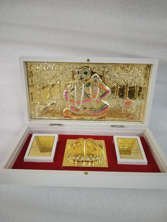 Radha Krishna Charan Paduka Box – Silver with Gold-Plated Artwork for Pooja & Gifting