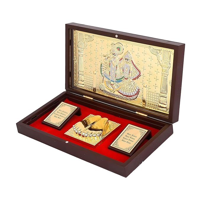 Radha Krishna Charan Paduka Box with Gold-Plated Artwork on Silver Base – Divine Brown Case | Spiritual Gift for Pooja & Festivals