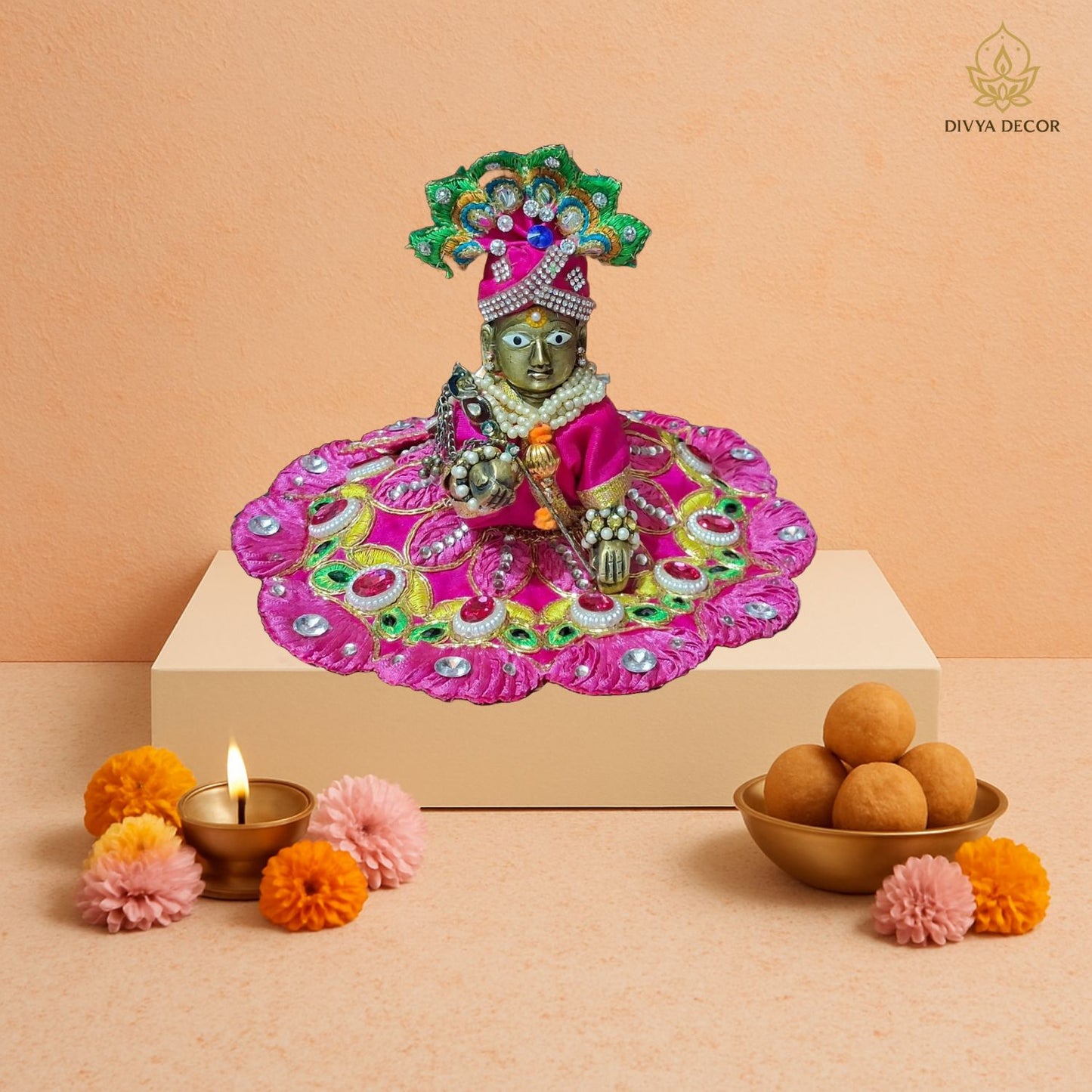 Brass Bal Gopal Idol with Poshak Set – Golden Laddu Gopal Ji Statue for Pooja & Janmashtami