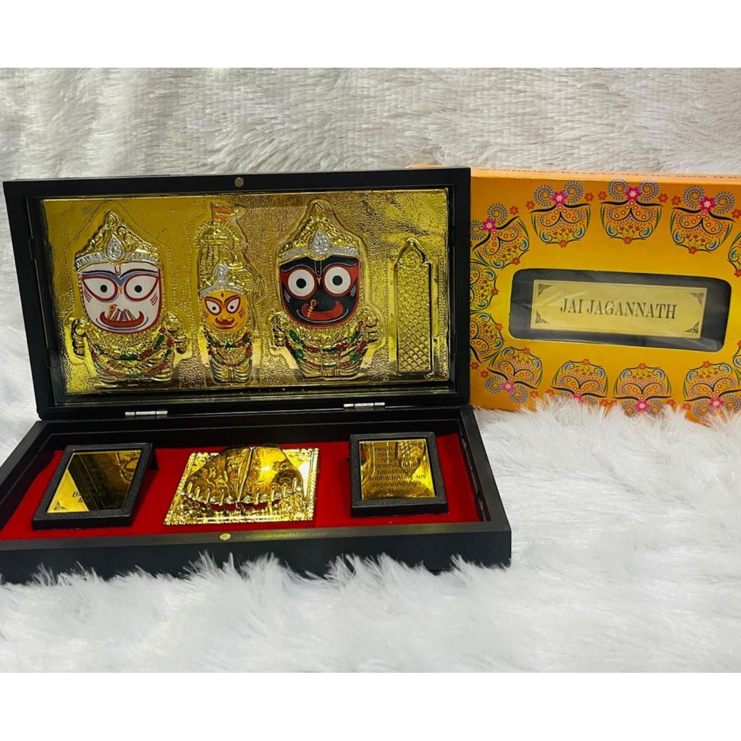 Lord Jagannath Gold-Plated Idol with Silver base & Charan Paduka in Divine Brown Case – Premium Pooja and Gift set