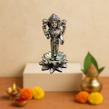 Brass Goddess Lakshmi Idol on Lotus – Antique Finish Maa Laxmi Murti for Pooja, Wealth & Prosperity
