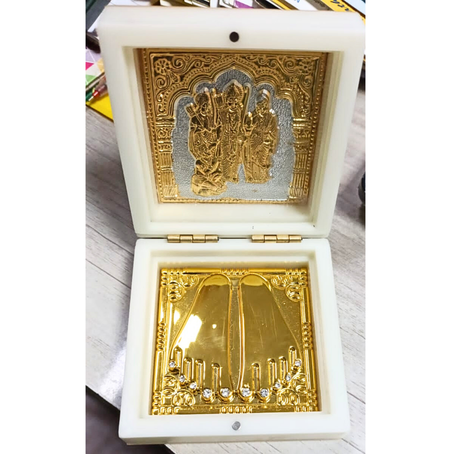 Shri Ram Darbar Gold Plated Idol with Silver Base & Charan Paduka in Sacred Ivory Case