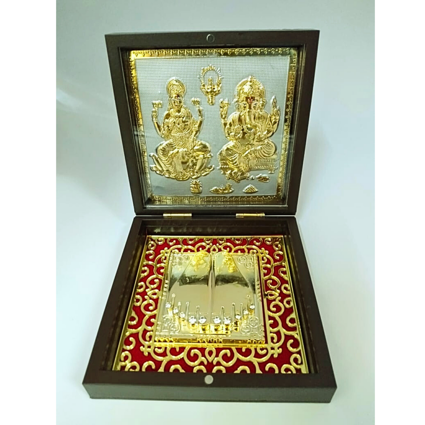 Lakshmi Ganesh Ji Gold-Plated Idol Frame on Silver Base with Charan Paduka – Premium Divine Brown Case