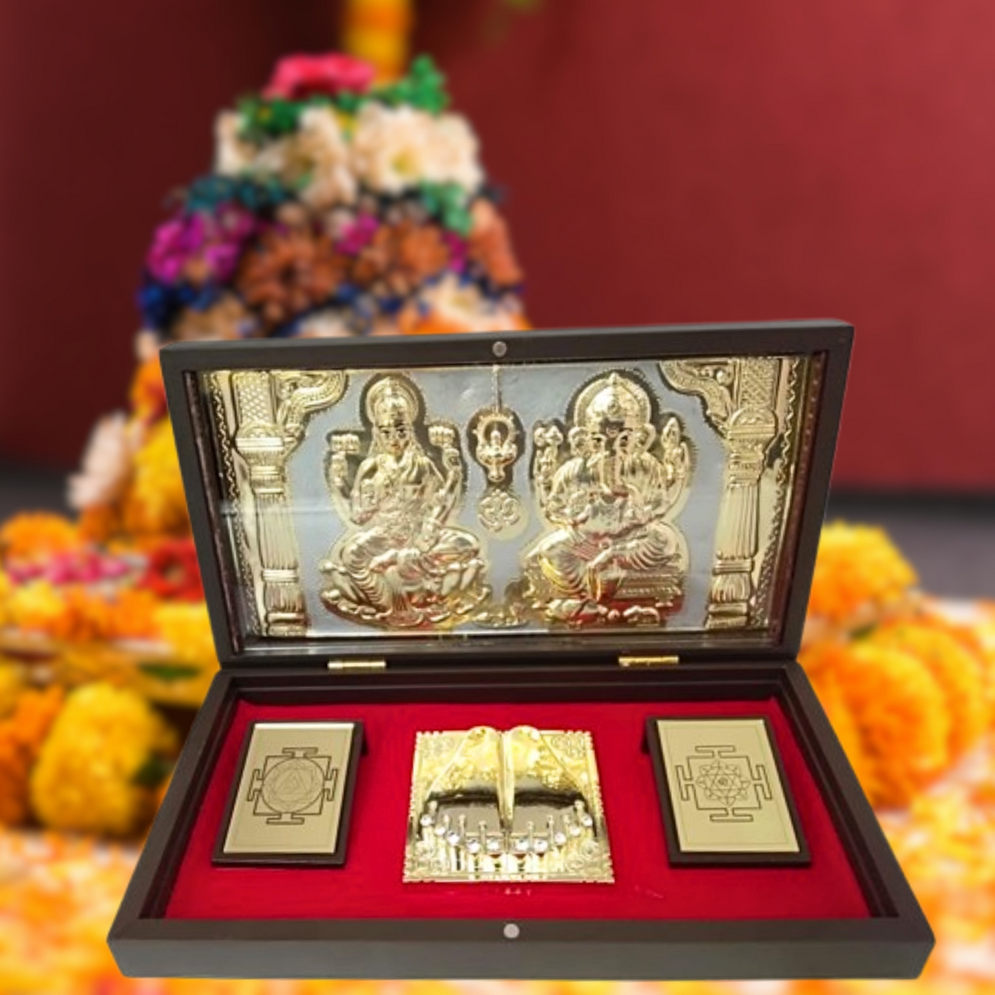 Lakshmi Ganesh Idol Gift Box with Gold Plating on Silver Base & Charan Paduka | Premium Puja Collection