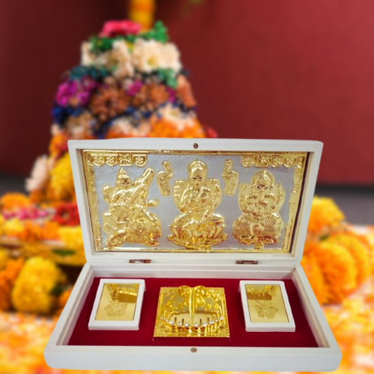 Lakshmi Ganesh Saraswati Gold-Plated Idol with Silver Base & Charan Paduka in Sacred Ivory Case