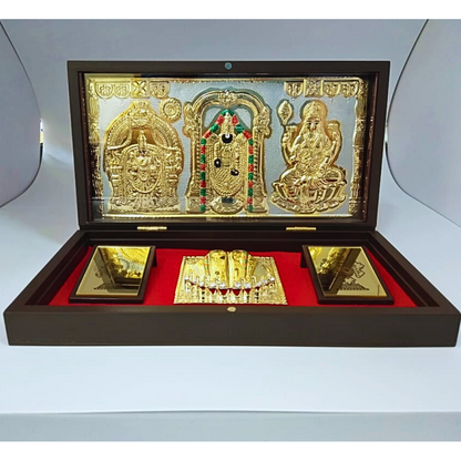 Tirupati Balaji Gold-Plated Charan Paduka Box on Silver Base – Divine Brown Case | Spiritual Gift for Pooja & Temple