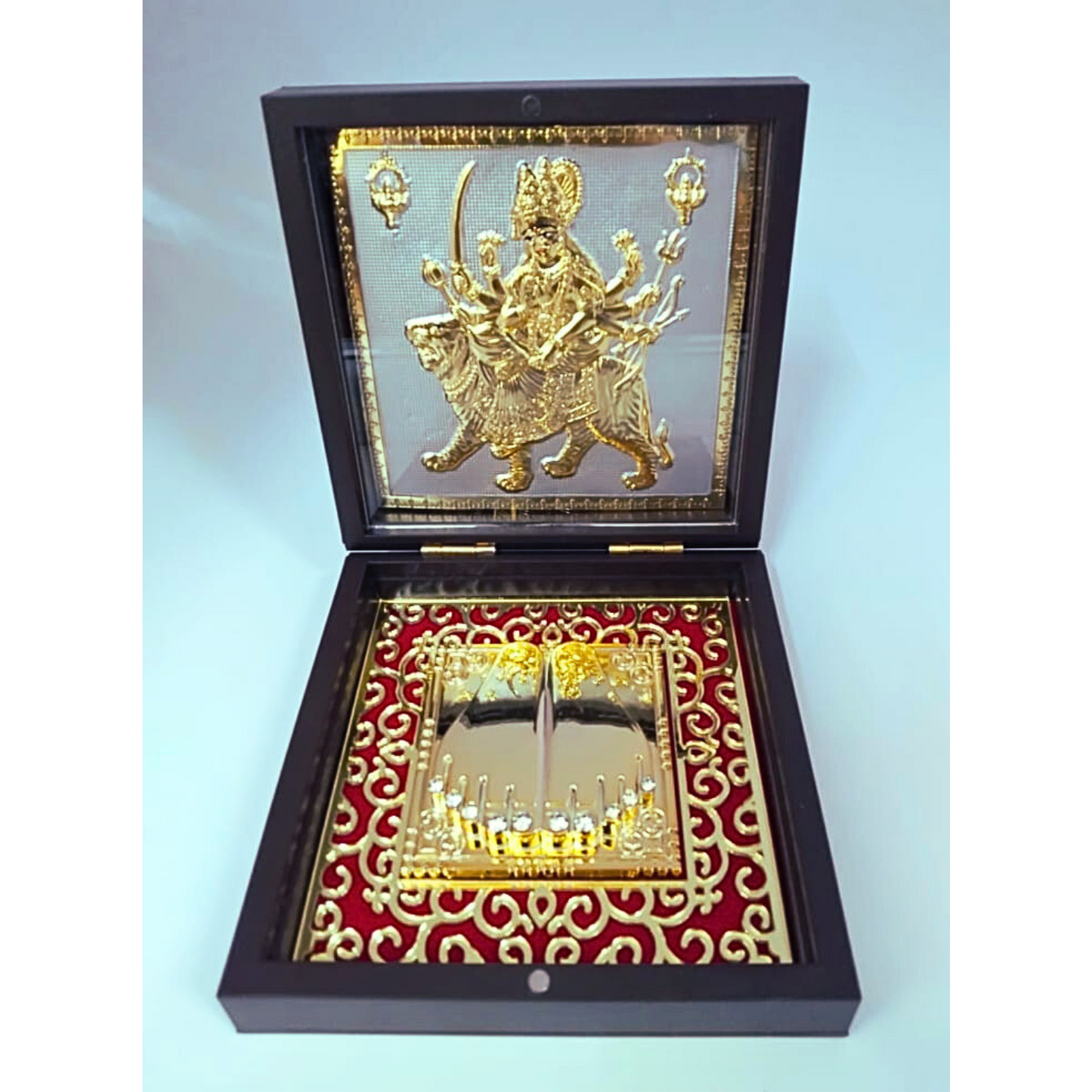 Maa Durga Gold-Plated Idol Frame on Silver Base with Charan Paduka – Premium Divine Brown Case