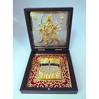 Maa Durga Gold-Plated Idol Frame on Silver Base with Charan Paduka – Premium Divine Brown Case