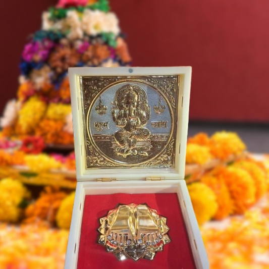 Ganesh Ji Charan Paduka Box – Gold Plated with Shubh Labh Engraving | Auspicious Festival Gift