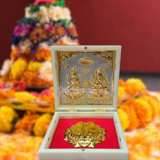 Laxmi Ganesh Ji Charan Paduka Box – Silver Base with Gold Plating in Ivory case| Auspicious Gift & Puja Essential