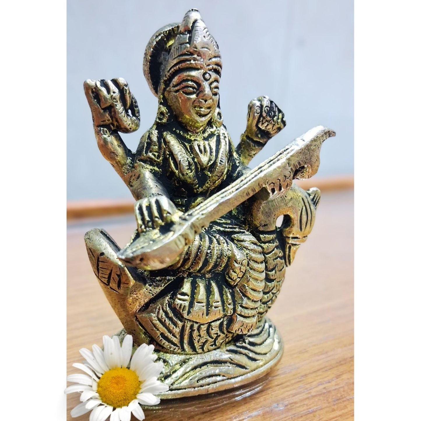 Brass Goddess Saraswati Idol on Swan – Goddess of Wisdom, Knowledge & Music Statue | Home Temple & Spiritual Gift