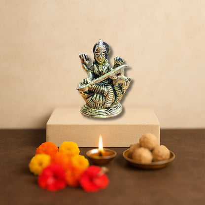 Brass Goddess Saraswati Idol on Swan – Goddess of Wisdom, Knowledge & Music Statue | Home Temple & Spiritual Gift