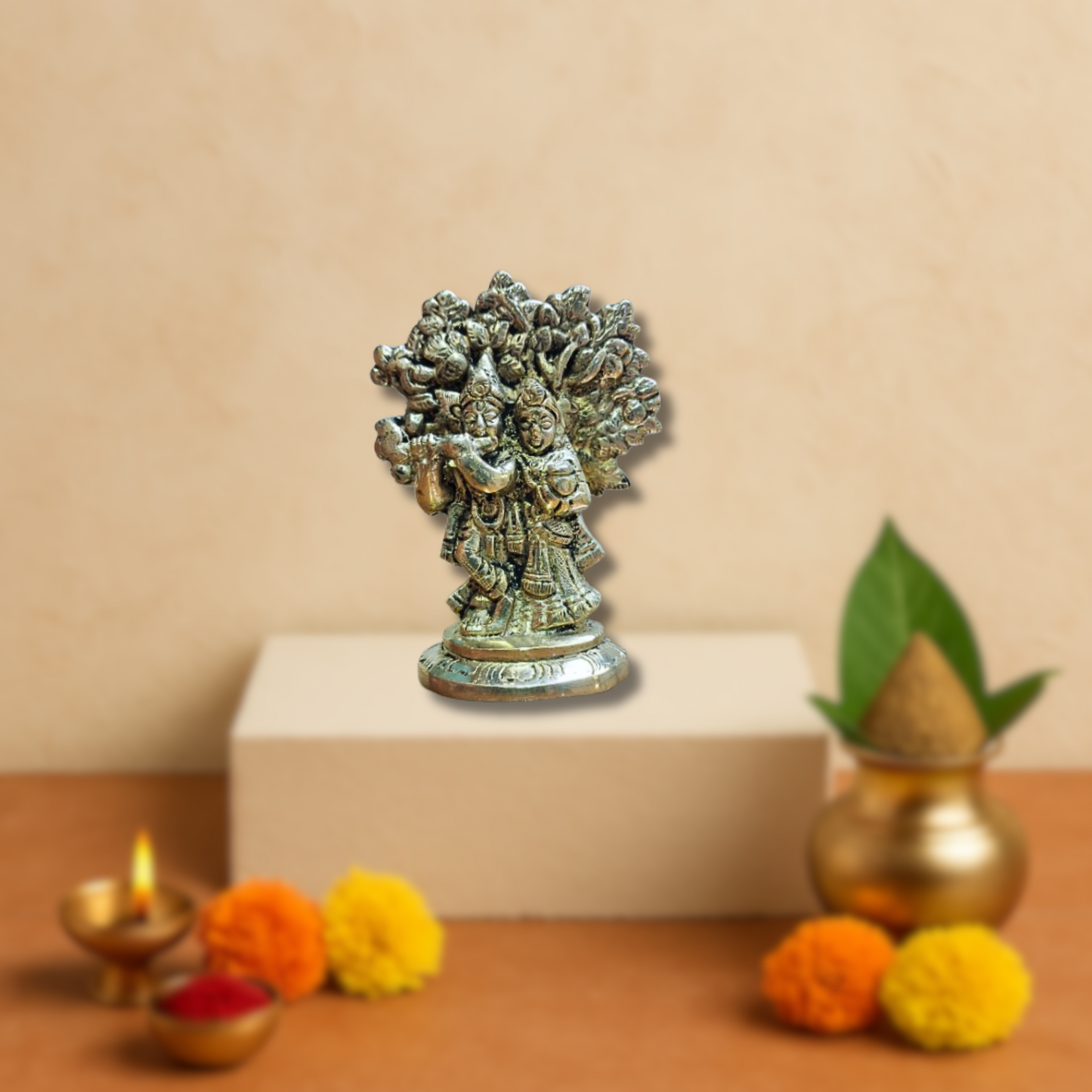 Brass Radha Krishna Idol Under Kadamba Tree – Handmade Statue of Divine Love & Harmony | Home Temple & Spiritual Gift