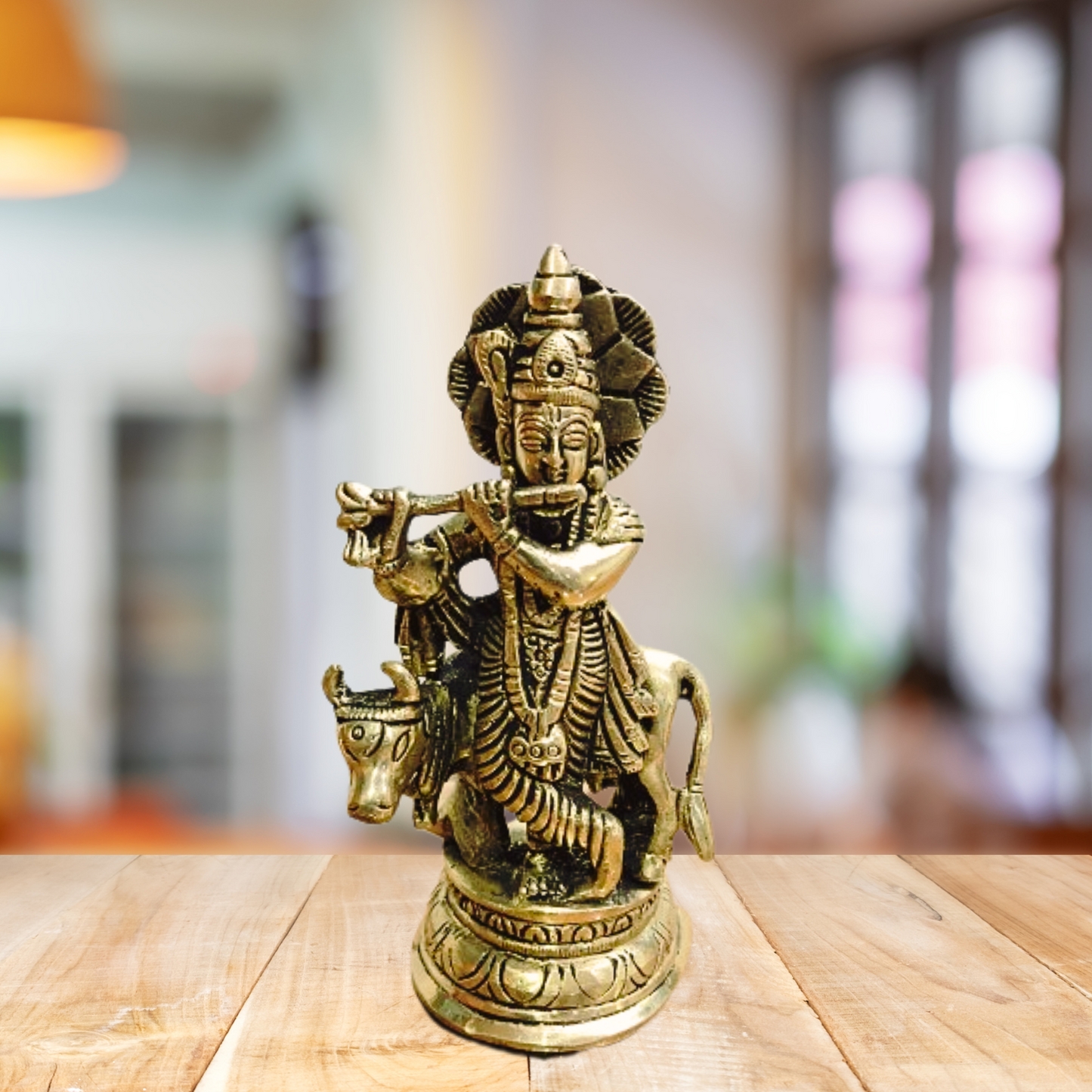 Brass Lord Krishna with Cow Idol – Flute Playing Krishna Murti for Pooja, Vastu & Home Décor