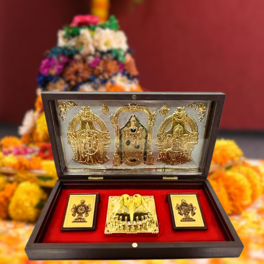 Tirupati Balaji Gold-Plated Charan Paduka Box on Silver Base – Divine Brown Case | Spiritual Gift for Pooja & Temple