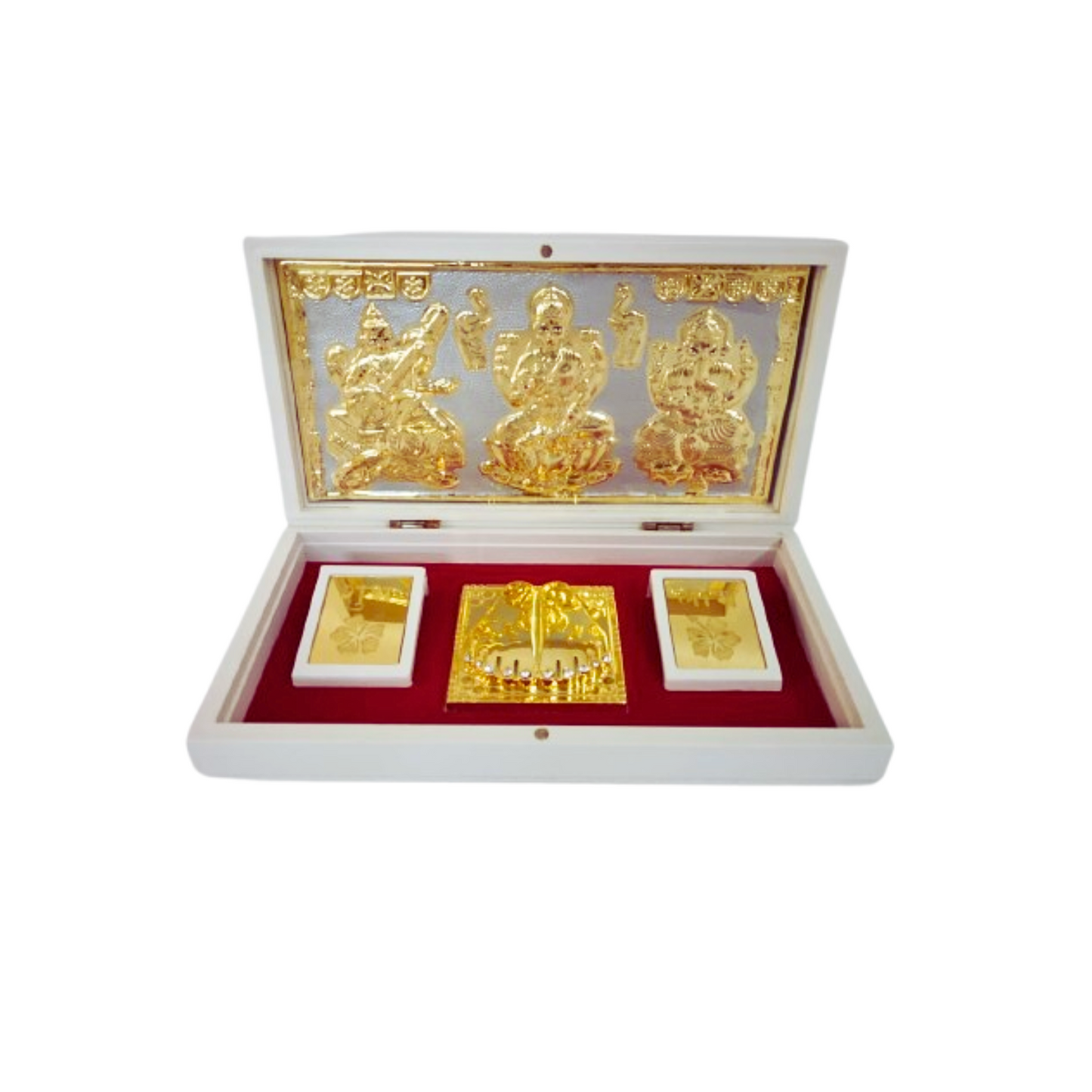 Lakshmi Ganesh Saraswati Gold-Plated Idol with Silver Base & Charan Paduka in Sacred Ivory Case