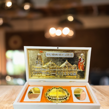 Ram Mandir Ayodhya Premium Devotional Set | Gold-Plated on Silver Base with Sacred Charan Paduka in Ivory Case