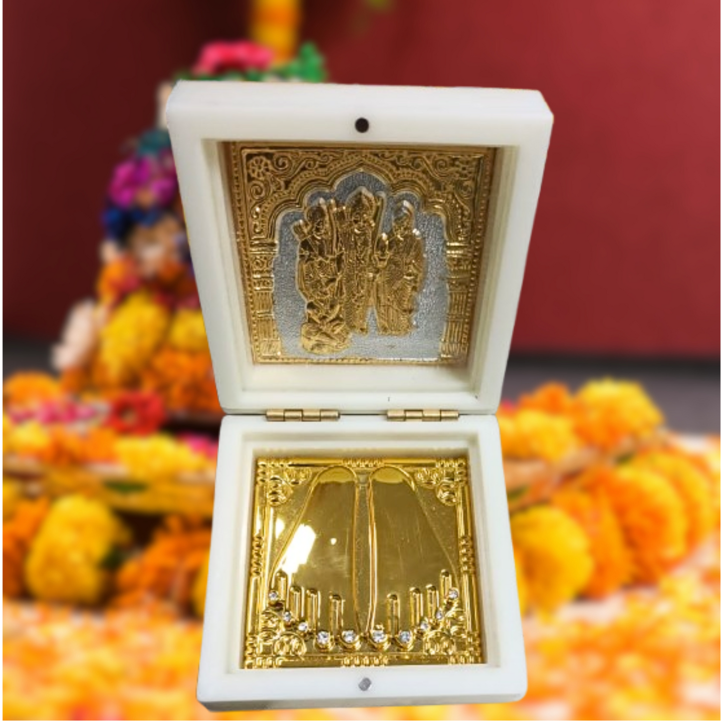 Shri Ram Darbar Gold Plated Idol with Silver Base & Charan Paduka in Sacred Ivory Case