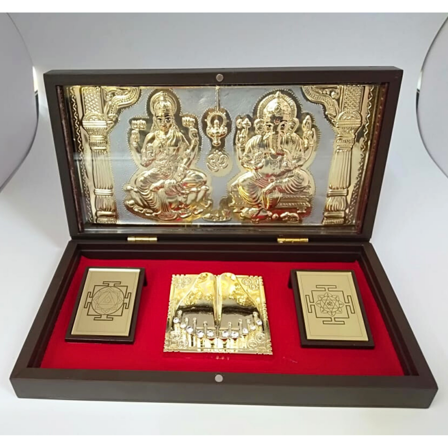 Lakshmi Ganesh Idol Gift Box with Gold Plating on Silver Base & Charan Paduka | Premium Puja Collection