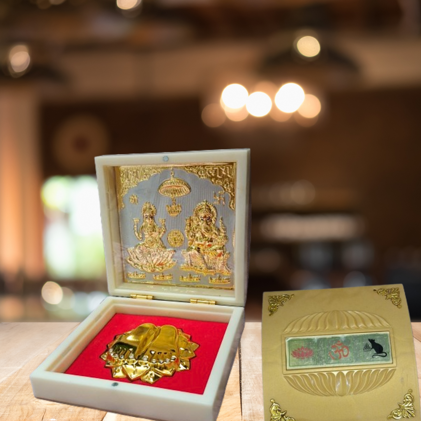 Laxmi Ganesh Ji Charan Paduka Box – Silver Base with Gold Plating in Ivory case| Auspicious Gift & Puja Essential