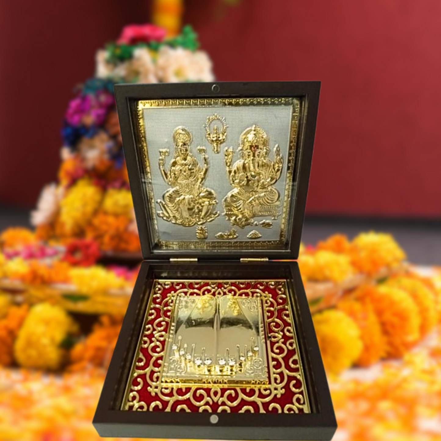 Lakshmi Ganesh Ji Gold-Plated Idol Frame on Silver Base with Charan Paduka – Premium Divine Brown Case