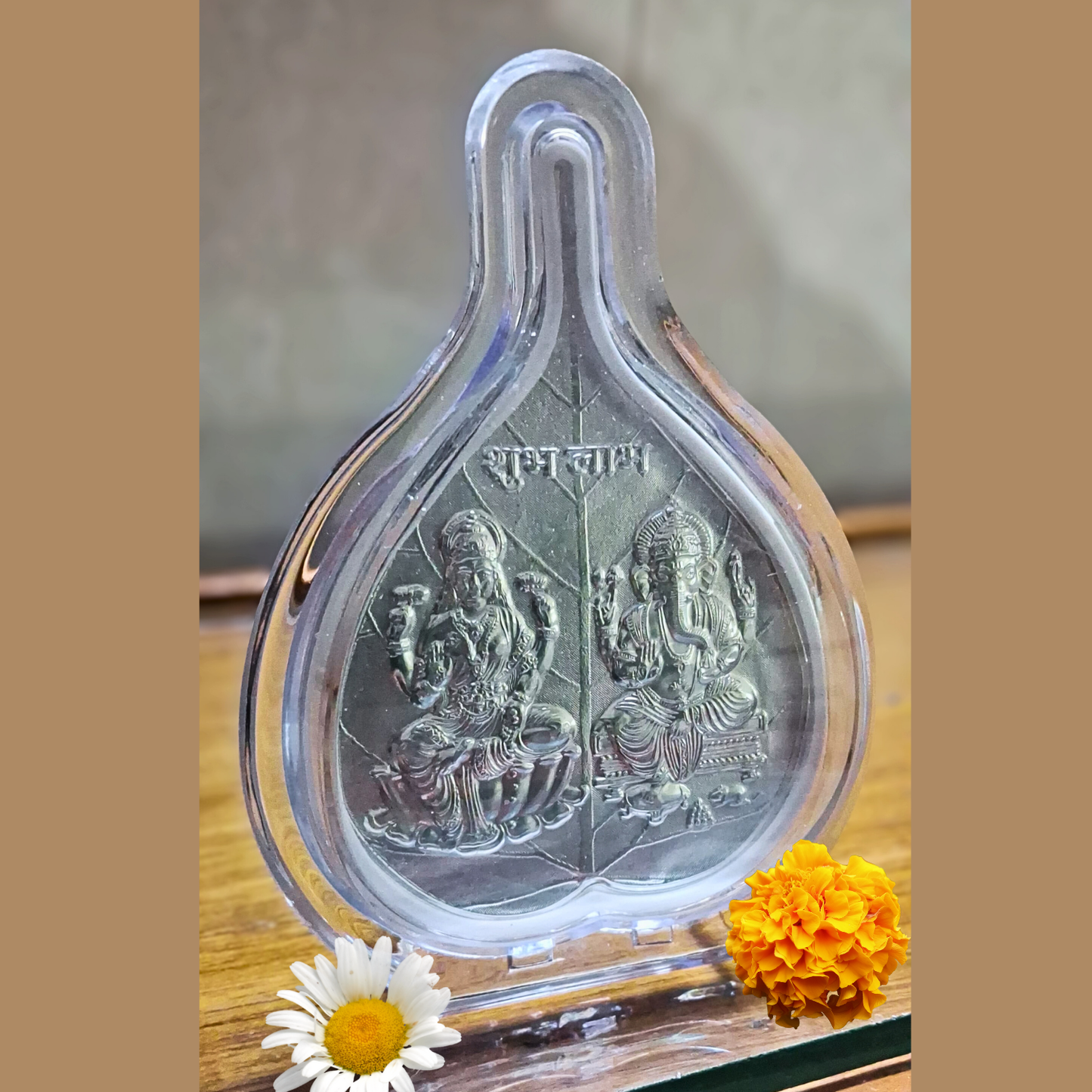 Silver Plated Laxmi Ganesh Ji Leaf Frame in Acrylic Case – Spiritual & Decorative Keepsake for Home & Pooja