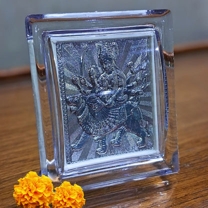 Silver Plated Maa Durga Idol in Protective Acrylic Case – Handcrafted Spiritual Décor for Home Temple, Navratri & Gifting