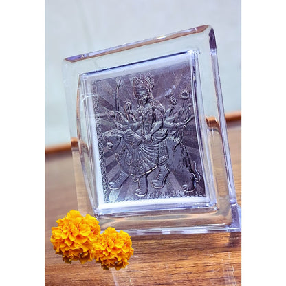 Silver Plated Maa Durga Idol in Protective Acrylic Case – Handcrafted Spiritual Décor for Home Temple, Navratri & Gifting