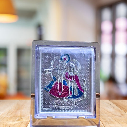 Elegant Silver Plated Radha Krishna Frame with Decorative Acrylic Case | Handcrafted Divine Art for Home Temple & Gifting