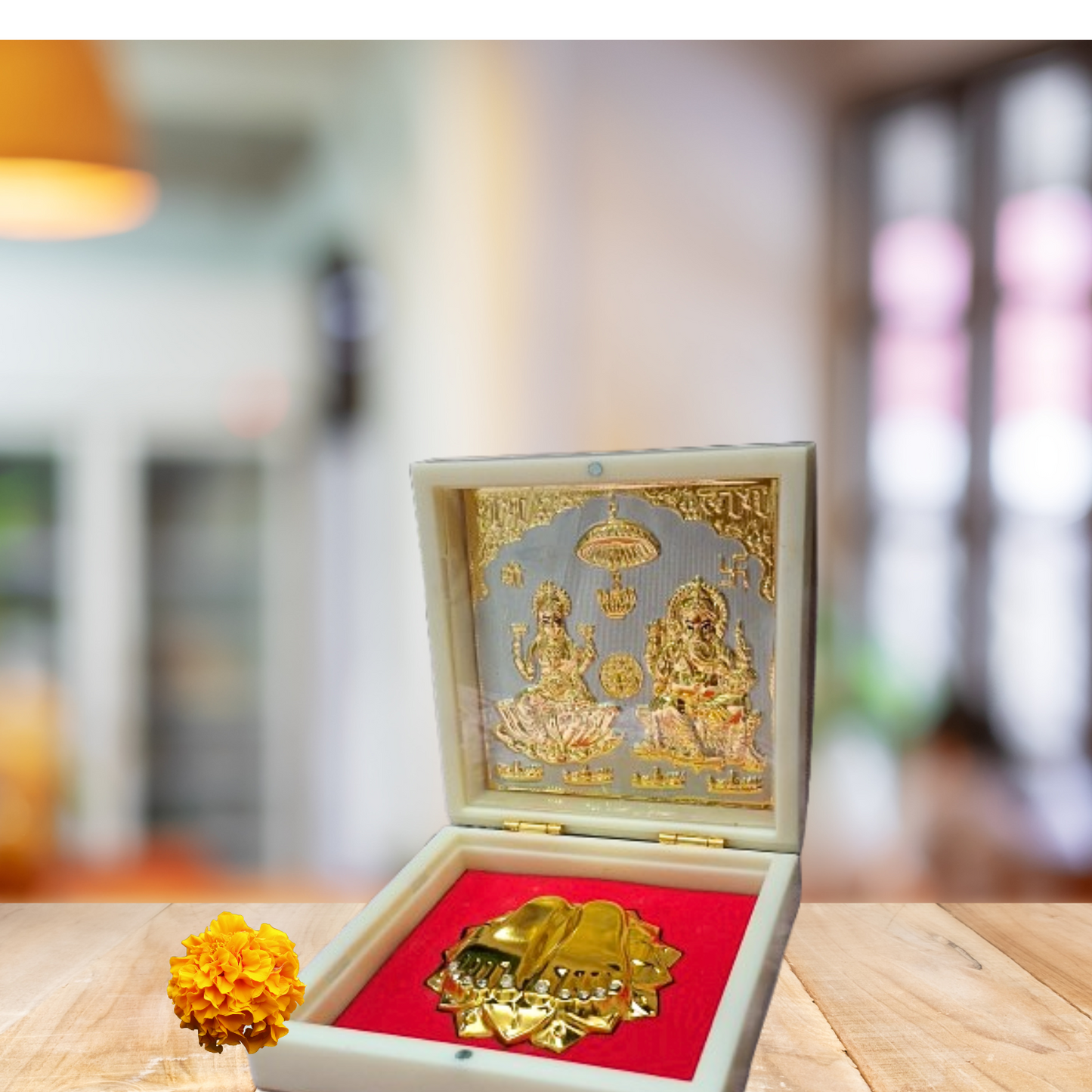 Laxmi Ganesh Ji Charan Paduka Box – Silver Base with Gold Plating in Ivory case| Auspicious Gift & Puja Essential