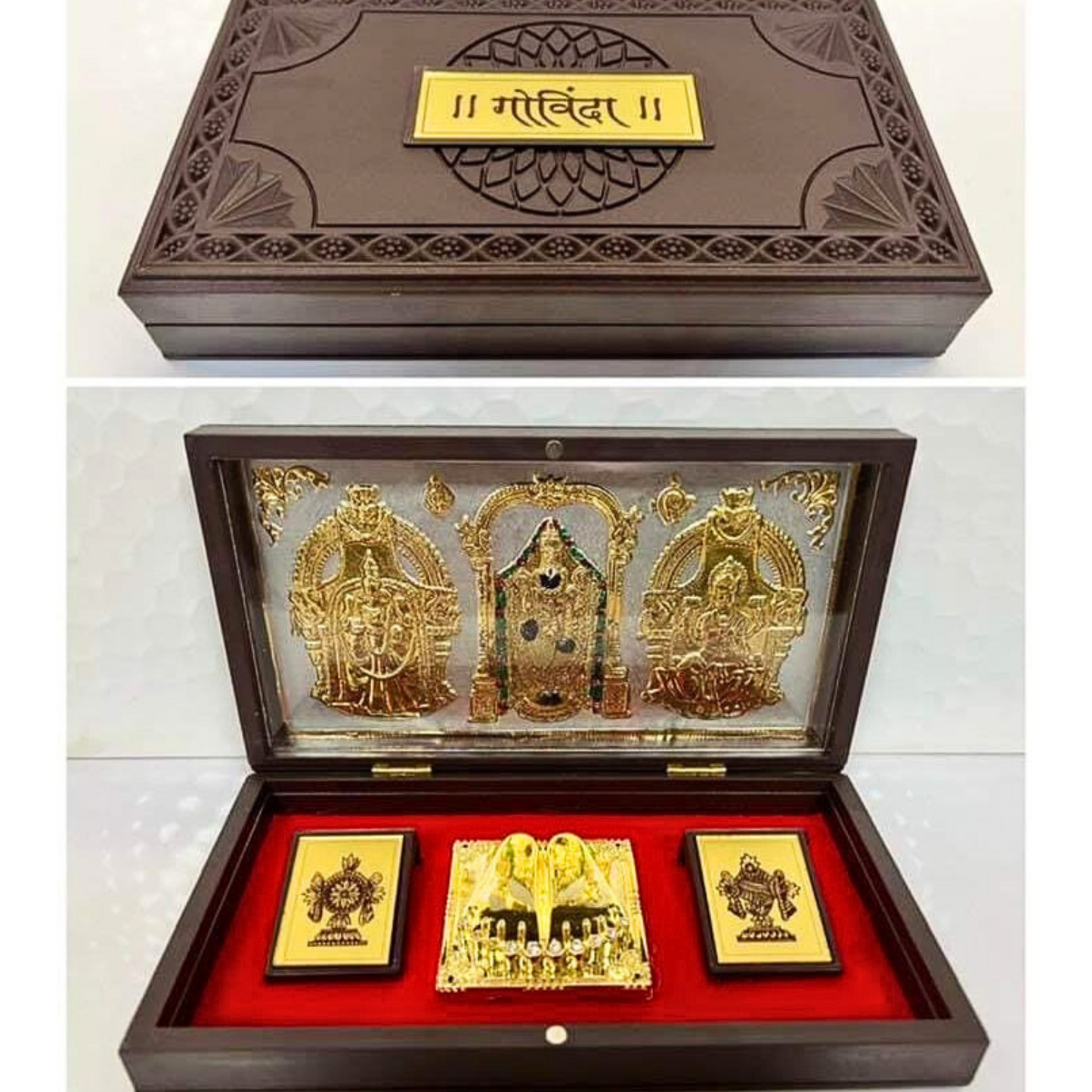 Tirupati Balaji Gold-Plated Charan Paduka Box on Silver Base – Divine Brown Case | Spiritual Gift for Pooja & Temple