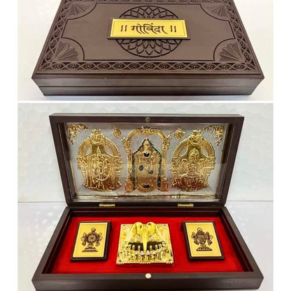 Tirupati Balaji Gold-Plated Charan Paduka Box on Silver Base – Divine Brown Case | Spiritual Gift for Pooja & Temple