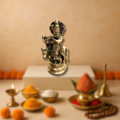 Brass Lord Krishna with Cow Idol – Flute Playing Krishna Murti for Pooja, Vastu & Home Décor