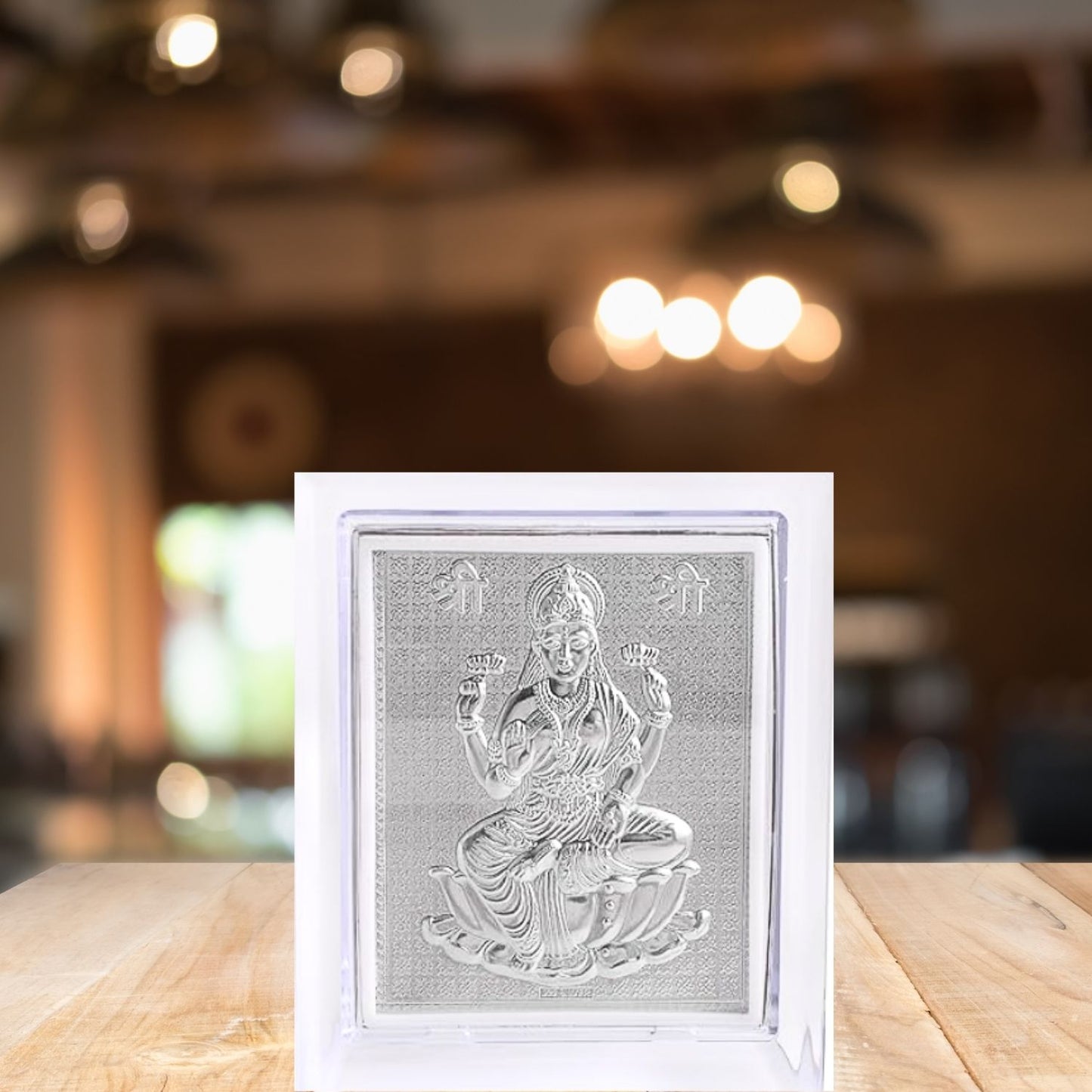 Silver Plated Goddess Lakshmi frame in Transparent Acrylic Stand – Pure Silver Embossed Design for Wealth & Prosperity