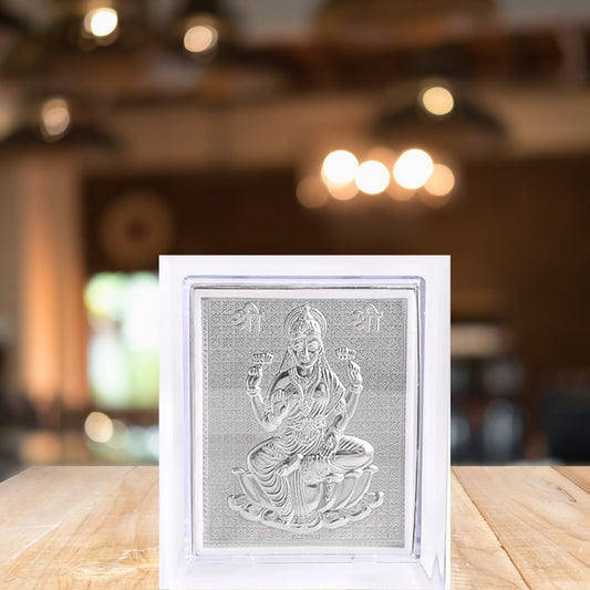 Silver Plated Goddess Lakshmi frame in Transparent Acrylic Stand – Pure Silver Embossed Design for Wealth & Prosperity