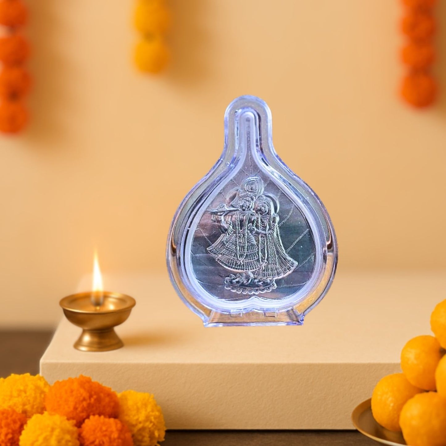 Silver Plated Radha Krishna Frame in Leaf Shape – Pure Silver | Spiritual Gift & Home Temple Decor