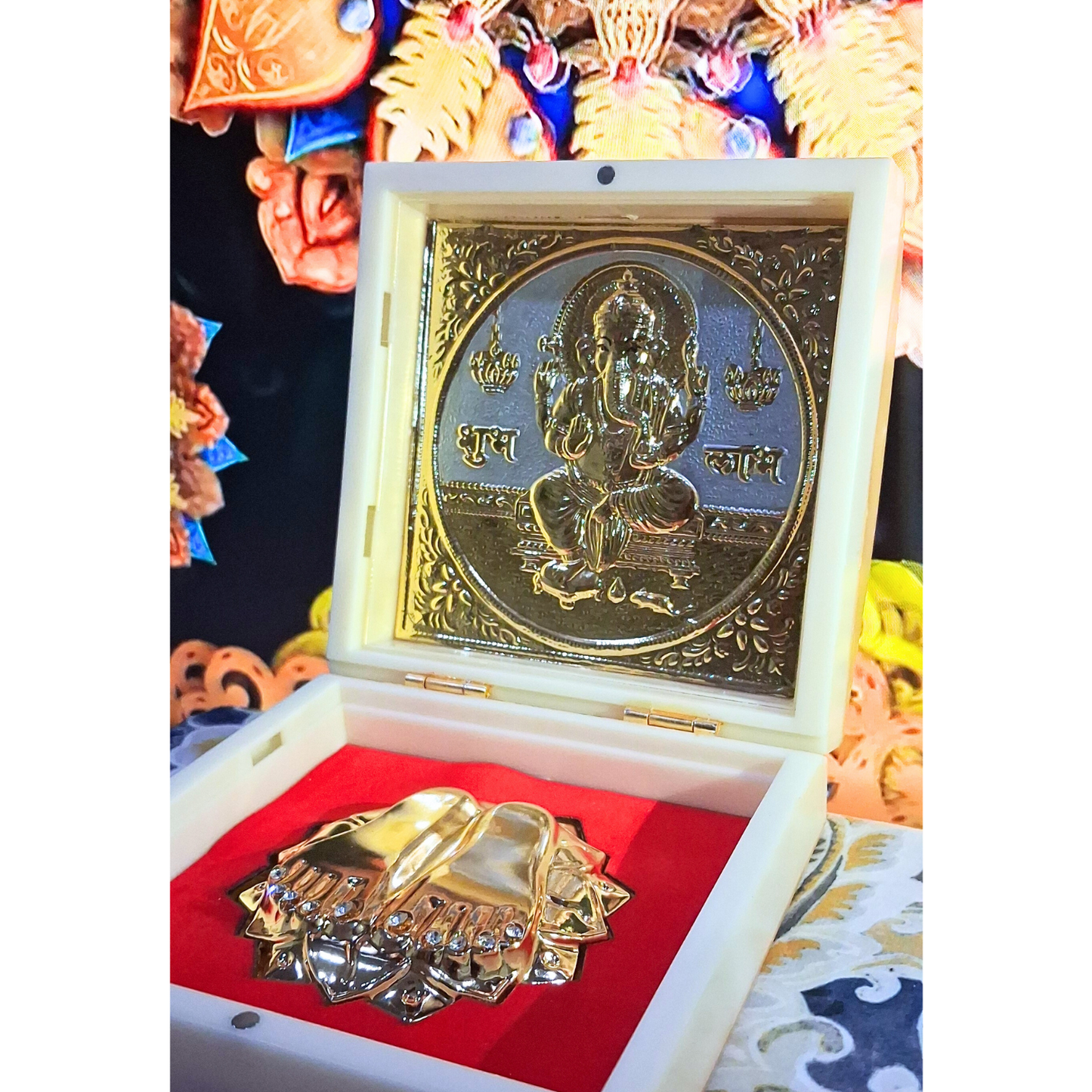 Ganesh Ji Charan Paduka Box – Gold Plated with Shubh Labh Engraving | Auspicious Festival Gift