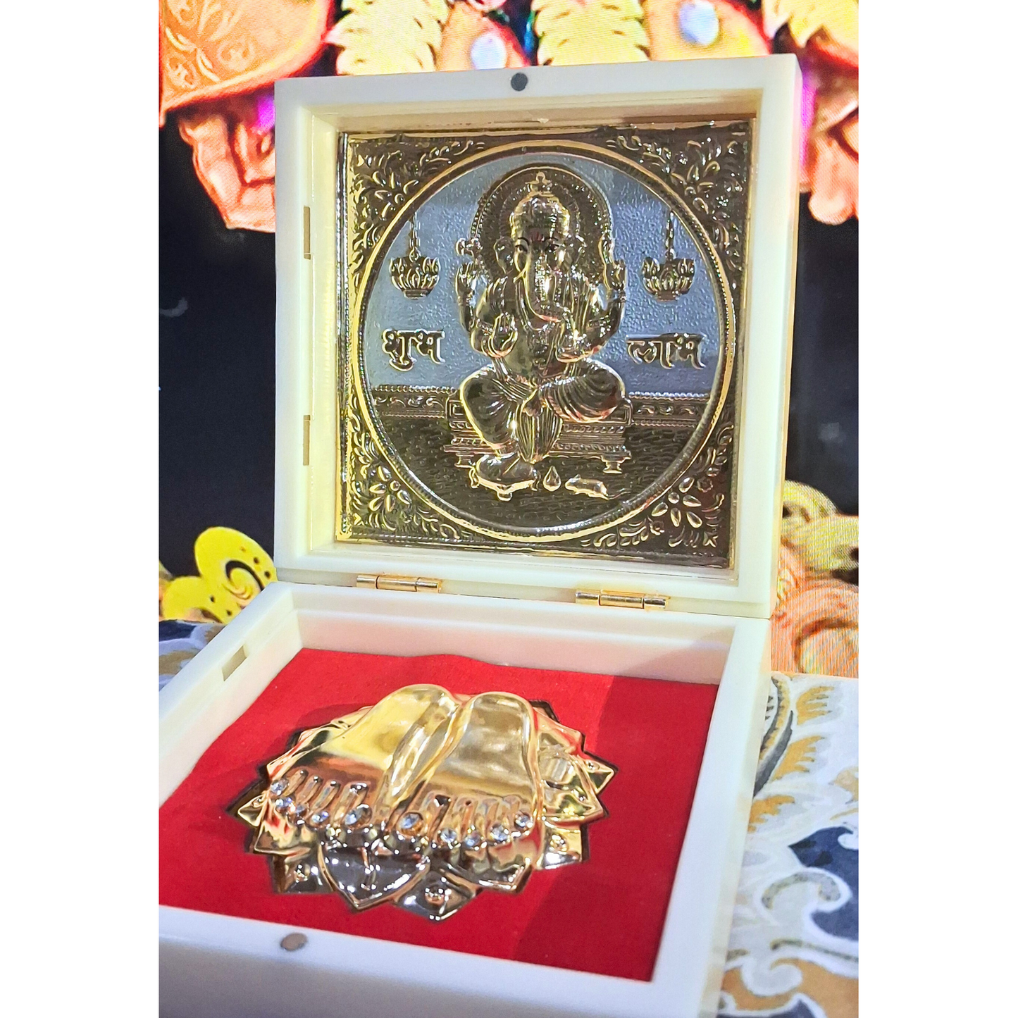 Ganesh Ji Charan Paduka Box – Gold Plated with Shubh Labh Engraving | Auspicious Festival Gift