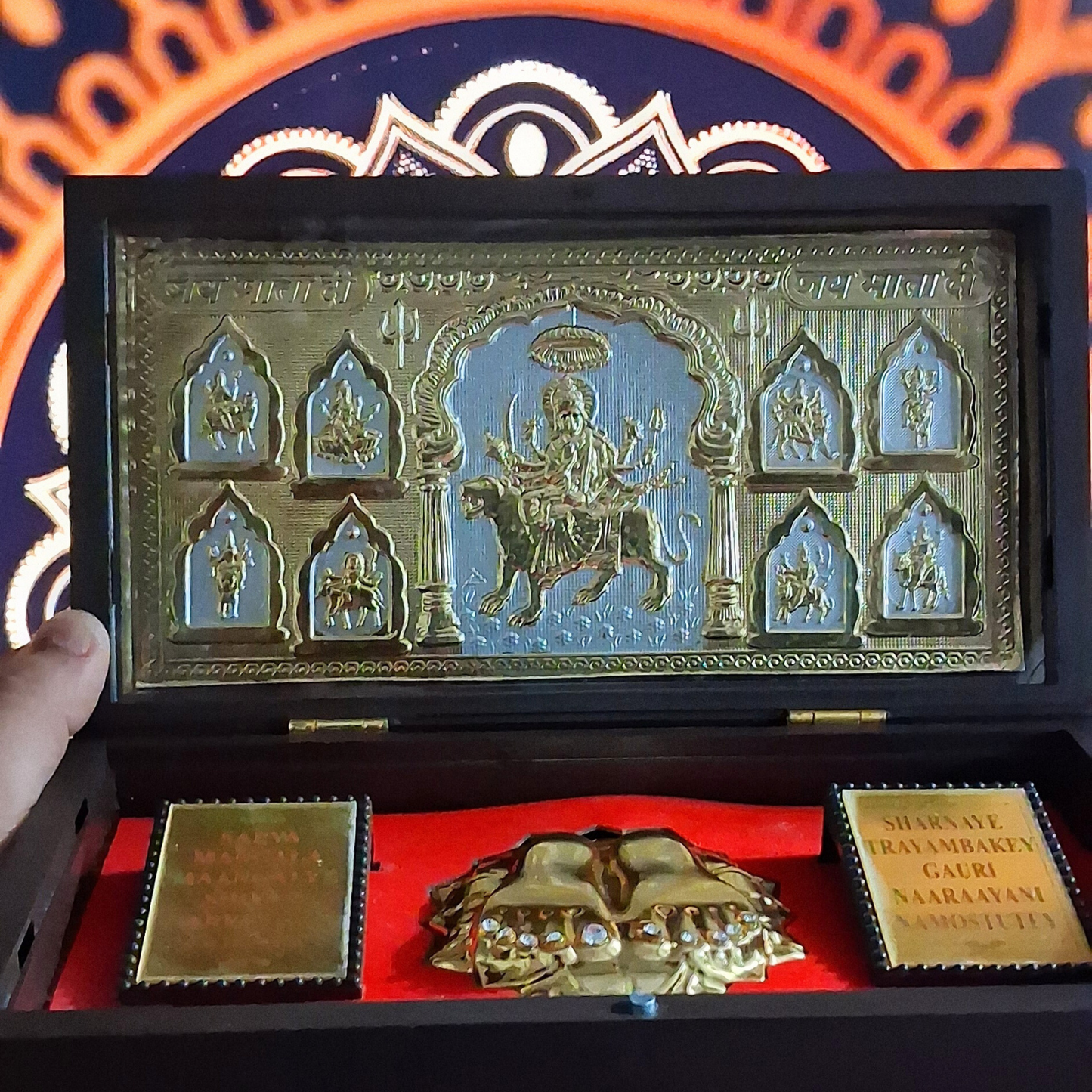 Mata Rani Charan Paduka Box with Gold-Plated Artwork on Silver Base – Divine Brown Case | Spiritual Gift for Navratri, Pooja & Home Decor