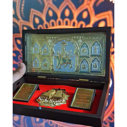 Mata Rani Charan Paduka Box with Gold-Plated Artwork on Silver Base – Divine Brown Case | Spiritual Gift for Navratri, Pooja & Home Decor