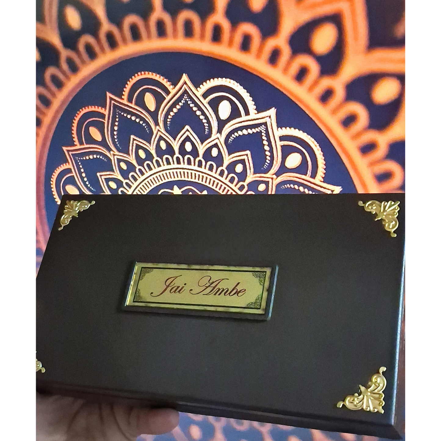 Mata Rani Charan Paduka Box with Gold-Plated Artwork on Silver Base – Divine Brown Case | Spiritual Gift for Navratri, Pooja & Home Decor