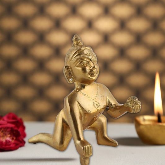 Brass Bal Gopal Idol with Poshak Set – Golden Laddu Gopal Ji Statue for Pooja & Janmashtami